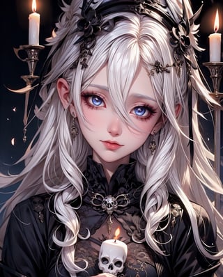 （tmasterpiece,best qualtiy）, solo,A white-haired woman holds a candle,anime skull portrait woman,beautiful necromancer girl,beautiful girl necromancer,Gothic shoujo anime characters,beautiful necromancer,gothic fantasy art,dark fantasy style art, White-haired god,Retrato de um necromante feminino,necromante feminino,goddess of death,Smoky, Flowing white hair,Harsh eyes,paleskin
