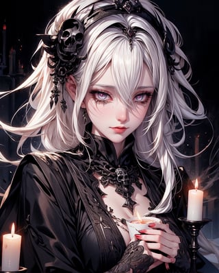 （tmasterpiece,best qualtiy）, solo,A white-haired woman holds a candle,anime skull portrait woman,beautiful necromancer girl,beautiful girl necromancer,,Smoky, flowing white hair,Harsh eyes,paleskin,black eyeshadows,Black blood and tears,Gothic shoujo anime characters,beautiful necromancer,gothic fantasy art,dark fantasy style art, white-haired god,Portrait of a female necromancer,Female necromancer,goddess of death,Dark moody lighting,with light glowing,mistic,magical,edge lit