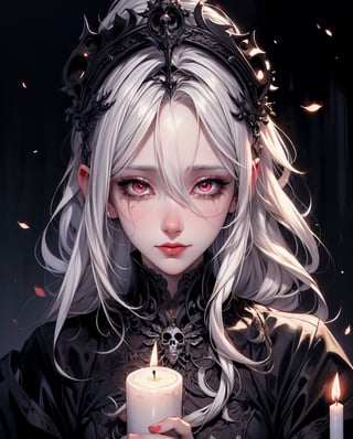 （tmasterpiece,best qualtiy）, solo,A white-haired woman holds a candle,anime skull portrait woman,beautiful necromancer girl,beautiful girl necromancer,,Smoky, flowing white hair,Harsh eyes,paleskin,black eyeshadows,Black blood and tears,Gothic shoujo anime characters,beautiful necromancer,gothic fantasy art,dark fantasy style art, white-haired god,Portrait of a female necromancer,Female necromancer,goddess of death,Dark moody lighting,with light glowing,mistic,magical,edge lit