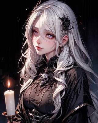 （tmasterpiece,best qualtiy）, solo,A white-haired woman holds a candle,anime skull portrait woman,beautiful necromancer girl,beautiful girl necromancer,,Smoky, flowing white hair,Harsh eyes,paleskin,black eyeshadows,Black blood and tears,Gothic shoujo anime characters,beautiful necromancer,gothic fantasy art,dark fantasy style art, white-haired god,Portrait of a female necromancer,Female necromancer,goddess of death,Dark moody lighting,with light glowing,mistic,magical,edge lit