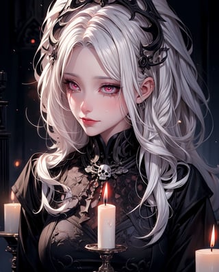 （tmasterpiece,best qualtiy）, solo,A white-haired woman holds a candle,anime skull portrait woman,beautiful necromancer girl,beautiful girl necromancer,,Smoky, flowing white hair,Harsh eyes,paleskin,black eyeshadows,Black blood and tears,Gothic shoujo anime characters,beautiful necromancer,gothic fantasy art,dark fantasy style art, white-haired god,Portrait of a female necromancer,Female necromancer,goddess of death,Dark moody lighting,with light glowing,mistic,magical,edge lit