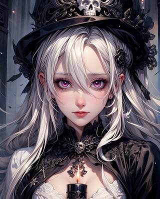 （tmasterpiece,best qualtiy）, solo,A white-haired woman holds a candle,anime skull portrait woman,beautiful necromancer girl,beautiful girl necromancer,Gothic shoujo anime characters,beautiful necromancer,gothic fantasy art,dark fantasy style art, White-haired god,Retrato de um necromante feminino,necromante feminino,goddess of death,Smoky, Flowing white hair,Harsh eyes,paleskin
