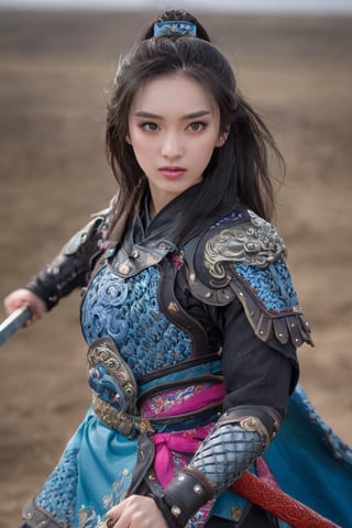 The girl wields a sword, dynamic transfer, sword fighting movements, jumps, lunges, freestanding, movements visible. The sword is long and delicate

This woman is beautiful, Chinese. 17 years old, black hair. Long hair, traditional Chinese hairstyle. Full, pink lips. Long eyelashes, very bright blue eyes.

The lens is wide-angle and you can see the details of the scene.,Chinese_armor,full_body