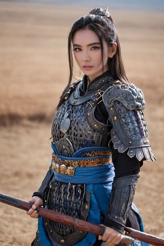 The girl holds a wooden spear, moves dynamically, attacks, lunges, and stands independently, and her movements are clearly visible. Long and delicate wooden spear, battlefield background, many people, disheveled clothes, damaged armor
This woman is very beautiful, Chinese. 17 years old, black hair. Long hair, traditional Chinese hairstyle. Full pink lips. Long eyelashes and very bright blue eyes. A determined expression
The lens is wide-angle and you can see the details of the scene. ,Chinese_armor,full_body