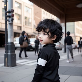A boy with black curly hair, shoulders, wearing black clothes, little boy 帶圓眼鏡