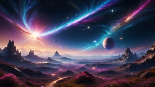 In the vast expanse of space, a mesmerizing tableau unfolds before my eyes. Countless stars twinkle like diamonds scattered across a dark velvet canvas, their brilliance illuminating the void with celestial light. Nebulae swirl in intricate patterns, their ethereal hues painting the cosmic backdrop with shades of pink, blue, and purple. Planets of all shapes and sizes orbit their distant suns, each one a world unto itself, shrouded in mystery and wonder. Shooting stars streak across the sky in fleeting bursts of luminosity, leaving trails of stardust in their wake. In the distance, a galaxy spirals gracefully, its arms reaching out across the cosmos in an eternal dance of cosmic proportions. As I gaze upon this cosmic masterpiece, I am filled with a sense of awe and humility at the vastness and beauty of the universe. 8K HDR, ultra hd, realistic, vivid colors, highly detailed, UHD drawing, pen and ink, perfect composition, beautiful detailed intricate insanely detailed octane render trending on artstation, 8k artistic photography, photorealistic concept art, soft natural volumetric cinematic perfect light