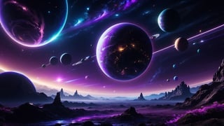 outer space, black and purple tones, planets, stars, neon glow, 4K