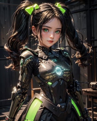 (masterpiece, best quality, volumetric lighting, absurdres, 8k, chiaroscuro lighting, Saturated_colors), (smooth_robot_body, wide_hips, dress, green_neon_trim, 1_girl, sharp, drossel, blush, bright_solid_green_eyes, fantasy), hairbow, ((vibrant_bioluminescent_twintails, efx))
,1girl