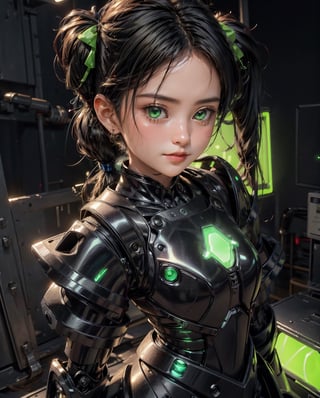 (masterpiece, best quality, volumetric lighting, absurdres, 8k, chiaroscuro lighting, Saturated_colors), (smooth_robot_body, wide_hips, dress, green_neon_trim, 1_girl, sharp, drossel, blush, bright_solid_green_eyes, fantasy), hairbow, ((vibrant_bioluminescent_twintails, efx))
,1girl