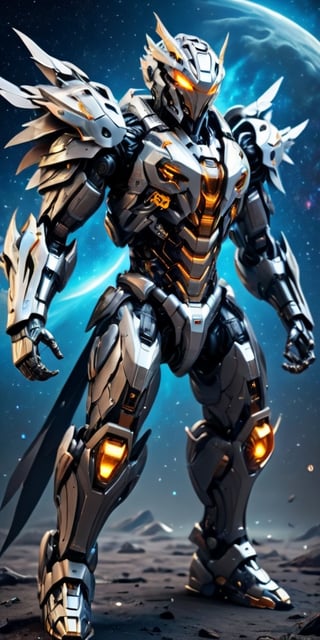 Futuristic power armor (robot) with mecha theme, metallic wing-like ion jetpack booster, spooky robot, floating in outer space galaxy, dynamic pose, armored cape, armor pants 