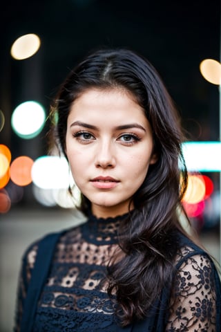 instagram photo, closeup face photo of 18 y.o swedish woman in dress, beautiful face, makeup, night city street, bokeh, motion blur
,Plump