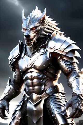 masterpiece, photo realistic, cinematic lighting, raw hdr photo, whole body shot, anthropomorphic werewolf, dragonscales, male, very muscular body, hunchback, long fingers, very long metallic claws on each hands, chest armor, fierce look, extremely detailed warrior armor, lower armor, dynamic battle pose, desolate battlefield background, looking at viewer 