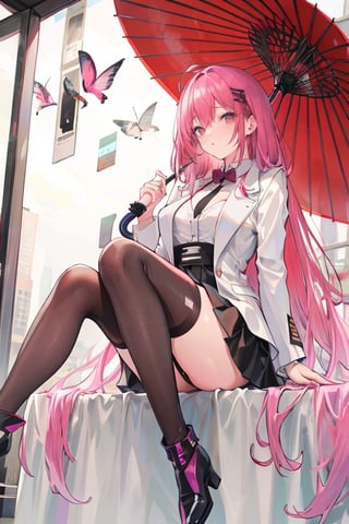 Long magenta hair, white suit, black tie, magenta umbrella, white ankle boots, short skirt, black skirt, magenta half,sexy sensual 