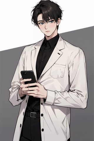 The young man is standing upright, holding a black smartphone with both hands. The phone is positioned at chest level.Wearing a light-colored, long-sleeved button-up shirt. The background is plain and white.