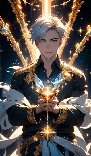 portrays a strikingly muscled young man with tousled silver hair, captured in a moment of concentration as he gently holds a golden, ornately decorated vessel from which a mystical blue light and swirling vapors are emanating, all set against a dramatic backdrop of sparkling golden lights and a deep, celestial blue glow that enhances the supernatural ambiance of the scene.