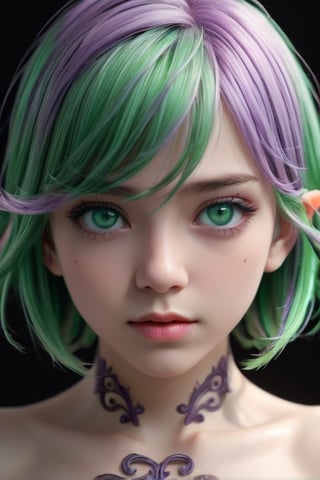 //Character, solo, 1girl, green hair, purple eyes,
//Background, simple background, 
//Quality, (masterpiece), best quality, ultra-high resolution, ultra-high definition, highres, intricate, intricate details, absurdres, highly detailed, finely detailed, ultra-detailed, ultra-high texture quality, natural lighting, natural shadow, dramatic shading, dramatic lighting, vivid colour, perfect anatomy, 
//Others, 