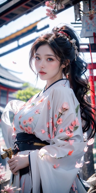 1girl, Sweet face, full body, very huge breasts, charming eyes, looking to audience, {beautiful and detailed eyes}, eye smile, ((nervous and embarrassed)), sexy lips, delicate facial features,((model pose)), Glamor body type, (dark hair:1.2),  long ponytail, curly hair, Female Samurai, {{Swinging a Japanese Sword}}, kungfu dancing, beautiful hanfu(white, transparent), Japan temple, spring morning, under sakura tree, (sakura petals scattered), flim grain, masterpiece, Best Quality, natural and soft light photorealistic, ultra-detailed, finely detailed, high resolution, sharp-focus, glowing forehead, perfect shading, highres, photorealistic,perfect,watercolor