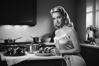 beautiful blonde in (Blue nightgown), cooking bell peppers, fruits, (gray scale, Red Accent), (gray scale, Yellow Accent), (gray scale, Blue Accent), (gray scale, Green Accent), ,gray scale,halsman