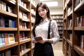 Presents a realistic style. Shot at an ultra-wide angle, the center of the composition is a young woman wearing a white long-sleeved shirt, a dark brown apron, and a gentle smile. Work as a clerk in a large bookstore and carefully organize the books on the shelves. Provides structural elements to the scene. The overall atmosphere is calm and contemplative.