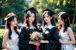 This image is a high-resolution photo that may have been taken by a professional or experienced photographer. 2 girls, ((one with long hair, one with short hair)) Two young women wearing black graduation gowns and graduation caps standing outdoors. They smiled and waved, each holding a bouquet of purple and white flowers. The background is a leafy tree and a vague building, suggesting an outdoor graduation ceremony. The image is bright and clear, with natural light emphasizing the celebratory atmosphere. The subject appears relaxed and happy, marking an important milestone.