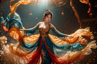 This is a digital photography. A girl, photographed from head to toe, wears an ornate, flowing costume from ancient Chinese Dunhuang murals in bright colors including turquoise, gold and red, embellished with floral patterns and delicate details. The long flowing black hair is decorated with ornate hair accessories, against a background of softly blurred glowing spheres and abstract elements, suggesting a mysterious or dreamy environment. The dynamic light and flow of clothing convey a sense of movement, adding to the ethereal quality of the artwork. The overall ambience is both serene and vivid, and the rich combination of textures and colors is intoxicating. Floating in the air, posing gracefully like a Chinese classical folk dance~~~~
