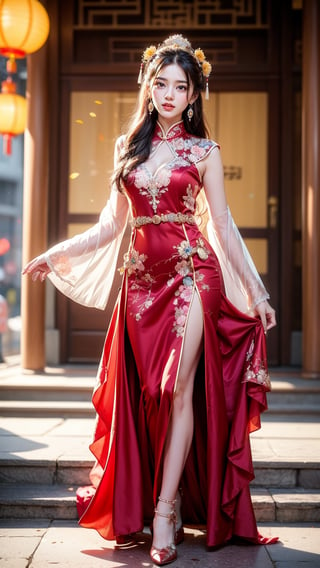 Standing, sideways, turning to look at the viewer, a girl wears traditional Han Chinese wedding attire, consisting of a beautifully embroidered bright red gown with a stand-up collar and a long skirt, with delicate floral embellishments and a decorated headdress with hanging strands of jewelry. and floral accessories, (((radiate a bright smile and joy))), Chinese architecture, red, golden yellow, red lanterns, Photography, Masterpiece, Best Quality, 8K, HDR, Nikon AF-S 105mm f/1.4E ED ,