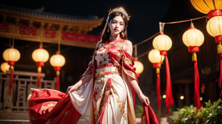 A girl stands sideways, turning her head to look at the audience. A half-length photo is shown on the right side of the picture. She is wearing a traditional Han wedding dress, a beautifully embroidered bright red stand-up collar robe, and a long skirt with exquisite floral decorations. , wearing a draped headdress.  and floral accessories, (((radiating a bright smile and joy))), Chinese architecture in the background, red, golden yellow, red lanterns, photography, masterpiece, best quality, 8K, HDR, Nikon AF-S 105mm f/ 1.4E ED,