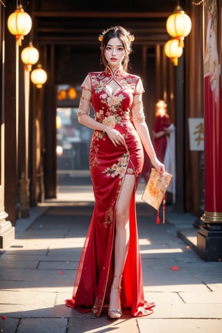 full body shot. Standing, sideways, turning to look at the viewer, a girl wears traditional Han Chinese wedding attire, consisting of a beautifully embroidered bright red gown with a stand-up collar and a long skirt, with delicate floral embellishments and a decorated headdress with hanging strands of jewelry. and floral accessories, (((radiate a bright smile and joy))), Chinese architecture, red, golden yellow, red lanterns, Photography, Masterpiece, Best Quality, 8K, HDR, Nikon AF-S 105mm f/1.4E ED ,