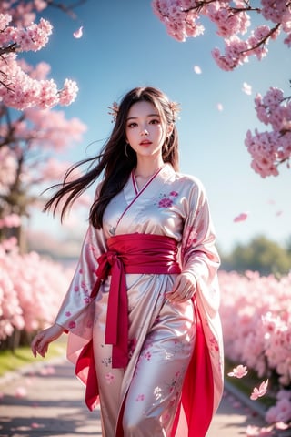 The image uses a hyper-realistic art style, likely created by a digital artist. It features a woman in traditional Japanese attire, standing amidst blooming cherry blossom trees. The composition centers on her graceful pose as she reaches upward, petals floating around her. The background is filled with vibrant pink blossoms, a rainbow, and a soft, glowing light filtering through the branches. Her kimono is intricately designed with floral patterns, and her hair is adorned with matching blossoms. The scene evokes a sense of serenity and harmony with nature. Other figures and elements are blurred, ensuring the woman is the focal point.