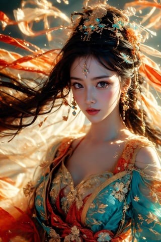 This is a digital photography. A girl wearing a gorgeous, flowing costume from ancient Chinese Dunhuang murals in bright colors including turquoise, gold and red, embellished with floral patterns and delicate details. The long flowing black hair is decorated with ornate hair accessories, against a background of softly blurred glowing spheres and abstract elements, suggesting a mysterious or dreamy environment. The dynamic light and flow of clothing convey a sense of movement, adding to the ethereal quality of the artwork. The overall ambience is both serene and vivid, and the rich combination of textures and colors is intoxicating.