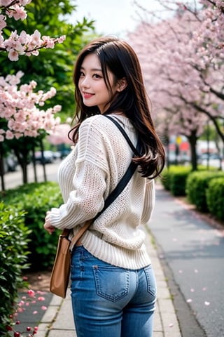 1girl, cowboy shot, solo, long hair, rear shot, turned and looking at the audience. Smile, curly hair, dark eyes, lips, cosplay, hands moving hair, reality. (((off-white sweater))), V-neck, midriff, medium breasts, cleavage. Blue jeans. ((Dark Brown Backpack)). Wide lens. Cinema lighting. In spring, (((Dense cherry blossom path))), there are also cherry blossom petals on the ground.