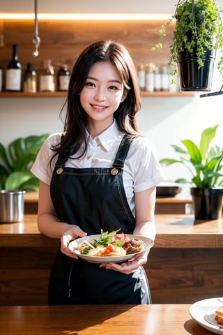 This image, possibly a high-resolution photo taken by an unidentified artist, shows a bright, candid composition. The subject is a smiling waitress in a white shirt holding a tray with three glasses of water. She is standing in a modern, light-filled restaurant with green plants and large windows in the background. The right side shows a portion of the counter with colorful food and condiments. The overall atmosphere is welcoming and energetic, capturing moments of service in a clean, modern dining environment.
