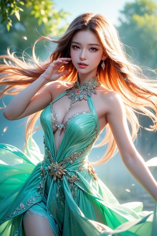 The digital artwork showcases a highly stylized anime character, created using vibrant color gradients and ethereal light effects. At the center of the painting is a young woman with braided hair and expressive eyes, wearing a delicate, colorful dress with swirling neon-like patterns. The characters' dynamic poses and flowing dresses convey movement, while the overall atmosphere is whimsical and fantasy-filled. This image captures lively movement and vibrant colors. Its composition is full of energy. The backdrop is a lush, sunny forest with soft, out-of-focus green foliage, enhancing the ethereal and natural quality of the scene. The interplay of light and shadow creates depth and emphasizes the elegance and dynamics of the subject. Overall, the image evokes themes of liberation, beauty, and harmony with nature.