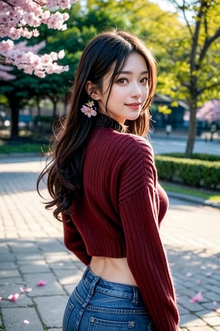 1girl, cowboy shot, solo, long hair, back shot, turned to look at the audience, looking at the audience, smile, curly hair, wide shot, movie lighting, spring, dense cherry blossom path with cherry blossom petals on the ground, dark eyes, lips, character cosplay, hands on face, realistic, off-white sweater, V-neck, midriff, medium breasts, cleavage, blue jeans, dark brown backpack