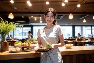 Showing bright, candid compositions. The subject is a smiling waitress wearing a white shirt and brown apron, standing in a well-lit modern restaurant with green plants and large windows in the background. The right side shows part of the counter filled with colorful food and condiments. Holding desserts and coffee in hand. Deliver meals to guests. The overall atmosphere is warm and energetic, capturing service moments in a clean, modern dining environment.