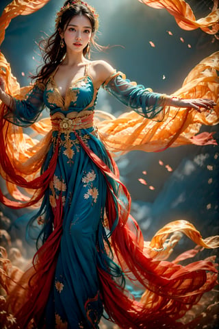 This is a digital photography. A girl, photographed from head to toe, wears an ornate, flowing costume from ancient Chinese Dunhuang murals in bright colors including turquoise, gold and red, embellished with floral patterns and delicate details. The long flowing black hair is decorated with ornate hair accessories, against a background of softly blurred glowing spheres and abstract elements, suggesting a mysterious or dreamy environment. The dynamic light and flow of clothing convey a sense of movement, adding to the ethereal quality of the artwork. The overall ambience is both serene and vivid, and the rich combination of textures and colors is intoxicating. Floating in the air~~~~,dunhuang
