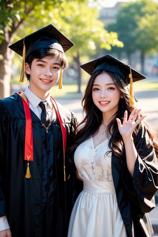 This image is a high-resolution photo that may have been taken by a professional or experienced photographer. 1 girl and 1 boy, both wearing black graduation gowns and graduation caps outdoors. They smiled and waved, taking photos happily. Cue an outdoor graduation ceremony scene. With a blurred background of leafy trees and blurred buildings, as well as other people in graduation gowns, the image is bright and clear, with natural light emphasizing the celebratory atmosphere. The subject appears relaxed and happy, marking an important milestone.