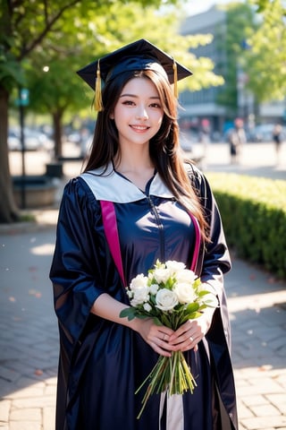 The image is a high-resolution photograph likely taken by a professional or experienced photographer. It captures a young woman dressed in a graduation gown and cap, standing outdoors. She is smiling and waving with her right hand, while holding a bouquet of purple and white flowers in her left hand. The background features a tree with green foliage and a blurred building, suggesting an outdoor graduation ceremony setting. The image is bright and clear, with natural lighting emphasizing the celebratory mood. The subject appears relaxed and happy, marking a significant milestone. 