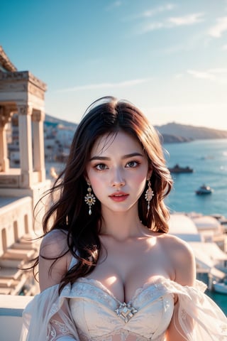 This photo is done in a modern, high-fashion style and could be the work of a contemporary portrait photographer.  1 Girl, She wore an elegant off-the-shoulder white gown with delicate lace patterns and rhinestone details.  Her dark hair was neatly styled and she accessorized with pearl earrings and a simple ring.  This image emphasizes softness and elegance, highlighted by soft tones and soft light, creating a dreamy atmosphere.  The woman's gentle smile and relaxed posture enhance the elegance and tranquil beauty of the entire portrait.  The background is Santorini's blue and white characteristic buildings, the ocean, blue sky and white clouds