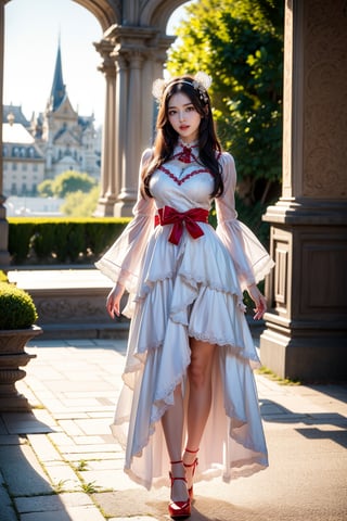 Panoramic shot, the picture shows a young woman wearing Loli style clothing, full body photo, low view, showing the fusion of modern and Victorian fashion aesthetics. Outdoors, the painting features a castle standing in front of a classical garden. Medium boobs, ((joyful expression, smile)) ((((she wears a tight red and white maid outfit with bows and lace trim))), and a matching headpiece. Her dark hair framed her face, while the background was a soft gray that accentuated her delicate outfit. The dress's tiered ruffled skirt, bell sleeves and bodice added intricate details. The whole scene creates a charming nostalgic atmosphere with a modern twist. Reduce the proportion of the girl in the frame.