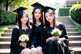 This image is a high-resolution photo that may have been taken by a professional or experienced photographer. 2 girls, ((one with long hair, one with short hair)) Two young women wearing black graduation gowns and graduation caps outdoors. They smiled and waved, each holding a bouquet of purple and white flowers. The background is a leafy tree and a blurred building, sitting on the steps for a photo, suggesting the scene of an outdoor graduation ceremony. The image is bright and clear, with natural light emphasizing the celebratory atmosphere. The subject appears relaxed and happy, marking an important milestone.