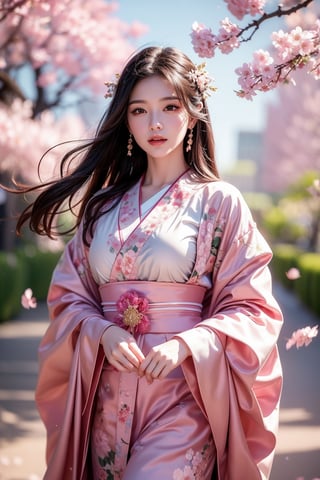 The image uses a hyper-realistic art style, likely created by a digital artist. It features a woman in traditional Japanese attire, standing amidst blooming cherry blossom trees. The composition centers on her graceful pose as she reaches upward, petals floating around her. The background is filled with vibrant pink blossoms, a rainbow, and a soft, glowing light filtering through the branches. Her kimono is intricately designed with floral patterns, and her hair is adorned with matching blossoms. The scene evokes a sense of serenity and harmony with nature. Other figures and elements are blurred, ensuring the woman is the focal point.