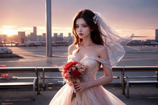 1 girl, wearing an exquisite low-cut pink lace wedding dress with medium bust, holding a bouquet of red roses. She stood on the airport runway, facing the audience, with a large passenger plane flying low overhead. The background shows a city skyline at sunset, casting a warm glow over the entire scene. The runway stretched to the horizon, and another plane could be seen in the distance. The overall atmosphere combines elegance with surreal elements, an effect created by the juxtaposition of formal attire and the airport backdrop.
