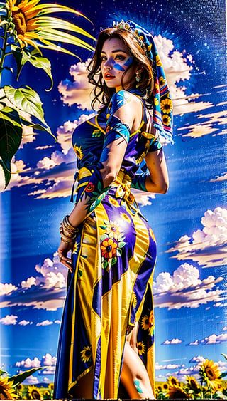 ultra detailed oil painting of a stunning woman in traditional outfit from Ukraine, surrounded by sunflowers, blue sky with summer clouds, hand-painted, art by MSchiffer, sharp focus, colorful, high contrast, 