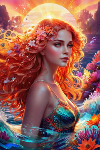A captivating and surreal cinematic illustration of a woman harmoniously intertwined with vibrant and intricate floral and aquatic elements. She emerges gracefully from a luminous body of water, her hair and body adorned with an array of colorful flowers and marine creatures. The background radiates a warm, radiant orange hue, reminiscent of a setting or rising sun, with swirling patterns and organic shapes that add depth and texture to the scene. The woman's serene expression exudes a sense of unity with her mesmerizing surroundings, creating an atmosphere of mystical and ethereal beauty., 3d render, cinematic, illustration