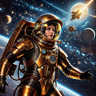 A captivating illustration of a steampunk astronaut floating amidst the stars in deep space. The astronaut, wearing a brass and leather spacesuit, is tethered to a vintage-looking rocket ship. In the background, celestial bodies like planets and shooting stars emit a warm, golden light. The steampunk elements are evident in the gears and pipes adorning the suit and spacecraft, giving the image a futuristic, retro feel.