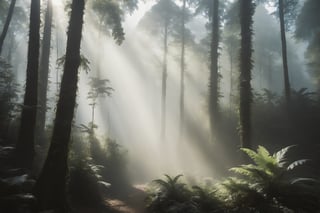 A lush, tropical rainforest filled with towering trees, a humid and mild climate, and broad-leafed deciduous trees in the summer. The dense foliage filters the sunlight, casting a dappled pattern on the forest floor. The atmosphere is filled with the sounds of vibrant wildlife, and the ground is carpeted with leaves and ferns. In the background, there are glimpses of a tranquil river and a distant mountain range, shrouded in mist.