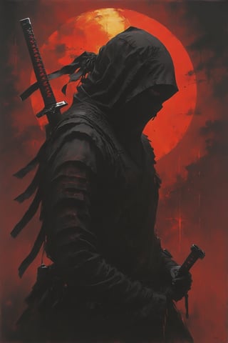 A mesmerizing ink art masterpiece featuring a stealthy ninja assassin in profile, rendered with angular lines and bold, vivid red hues. The warm golden light of a sunset casts a striking contrast against the black ink, accentuating the ninja's attire and weapons. The silhouette casts a shadow on the pristine white canvas, while the intricate dance of light and darkness adds to the overall intrigue. The artist's mastery is evident in the powerful and evocative composition, successfully encapsulating the mystique and dedication of a ninja warrior.