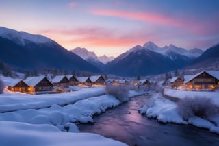 A breathtaking scene of a majestic mountain range, with towering peaks covered in soft, glowing snow. The sky is a brilliant mix of vibrant colors, with the sun setting on the horizon. A small, peaceful village is nestled at the foot of the mountains, with quaint cottages and a babbling brook flowing gently through the landscape. The overall ambiance of the image is serene and awe-inspiring, capturing the beauty and grandeur of nature.