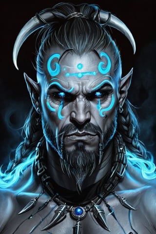 A portrait of a grey orc with blue glowing magic eyes. He is bald and a large black beard that is greying a bit with a large braid in the center of it. He has 2 tusks coming from he bottom lip piercing the beard. He has black eyebrows but his left one has scar on it. He has a blue line tattoo that starts at the top of his left eyebrow and goes back over his head and down his neck. He has a crude string necklace with a tusk attached to the end of it.